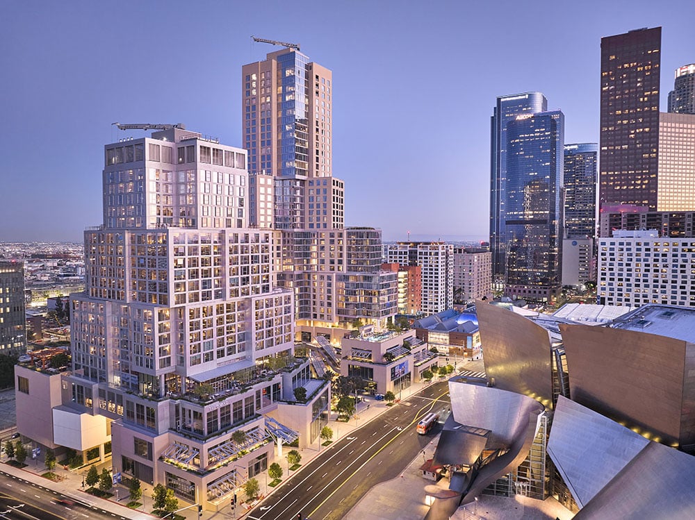 Image of the Grand LA at sunset with the Disney Concert Hall across the street.