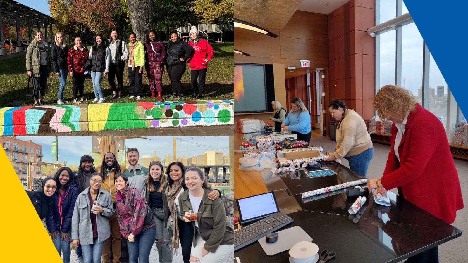 The Human Resources team painting flower boxes, people wrapping gifts for the Holiday Sharing Program, and Annaliese Fowler and the board of directors of the Young Nonprofit Professionals Network of Detroit