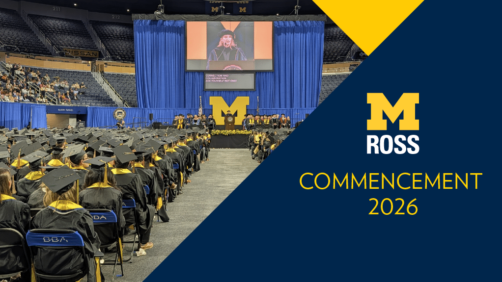 Photo of the Commencement stage with graduates in chairs, overlayed with the Ross logo and "Commencement 2026"