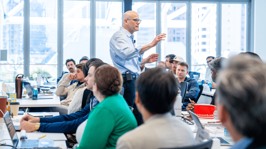 Itay Kama speaks in a classroom at the Michigan Ross Los Angeles campus.