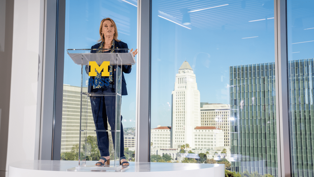 Sharon F. Matusik, the Edward J. Frey Dean of Business, speaks at the Michigan Ross Los Angeles campus.