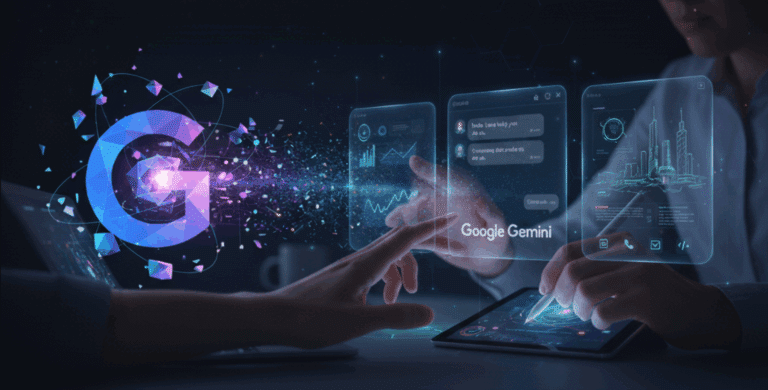 A pair of hands interact with glowing, futuristic interfaces related to Google Gemini, with a fragmented Google "G" logo and data streams to the left. One hand points to a "Google Gemini" chat interface, while the other uses a stylus on a tablet displaying a complex data visualization. The overall scene is dark with vibrant blue and purple light effects, suggesting innovation and hands-on engagement with AI technology.