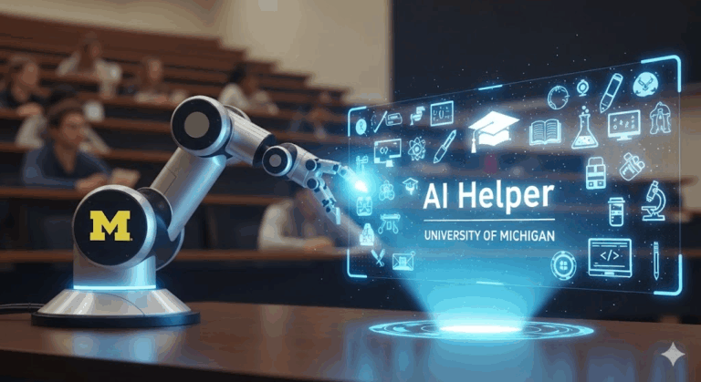 Robotic arm with the University of Michigan 'M' logo projecting a blue holographic screen labeled "AI Helper" in a lecture hall.