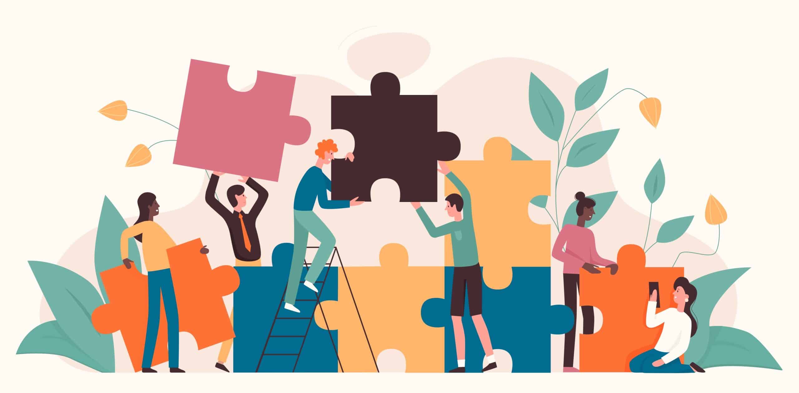 Community building image of cartoon people building with puzzle pieces.