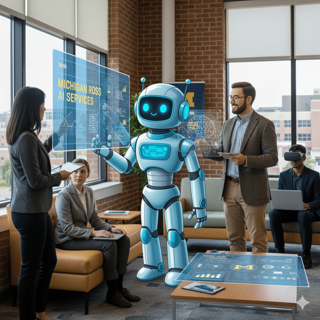 A light blue, friendly-looking AI robot stands in a modern office environment, holding up a transparent screen displaying "Michigan Ross AI Services." The robot has a glowing blue face, chest plate, and joints. Around it, several people in business attire are interacting with holographic displays showing charts and data.