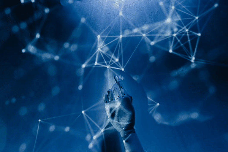 A robotic hand pointing upward in a dark blue, futuristic network environment.