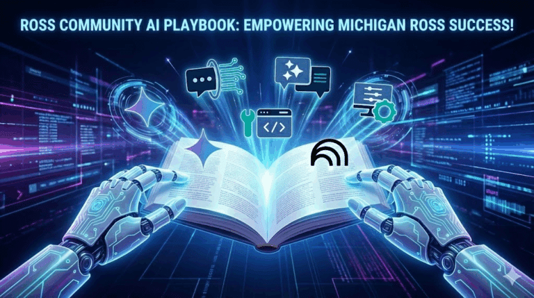 Robotic hands hold an open, glowing book under the headline "ROSS COMMUNITY AI PLAYBOOK: EMPOWERING MICHIGAN ROSS SUCCESS!"