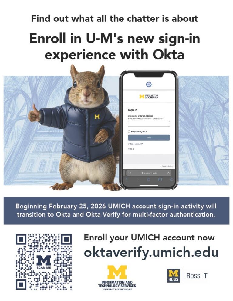 Announcement to enroll in the new Okta two-factor authentication with qr code directing users to the okta enroll webpage.