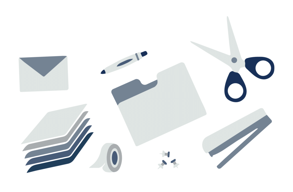 A collection of office supplies, including scissors, a folder, paper, and a stapler.